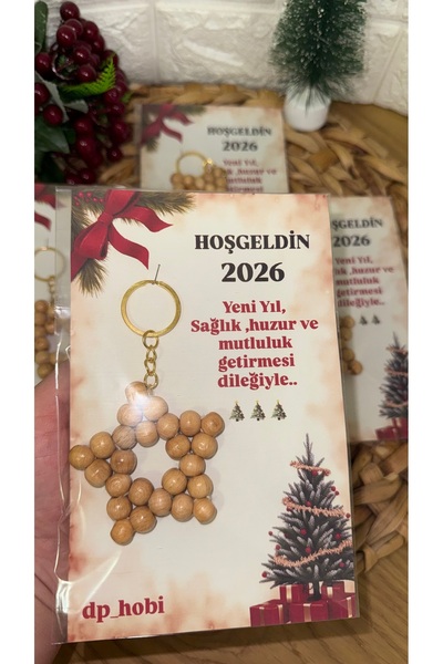 DP Tasarım Evi 5 Pieces New Year Card Gift Keychain - Wooden Brown - Christma...