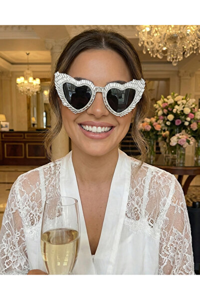 Happyline Taşlı kalpli gelin gözlük, doğum günü, bride after parti gözlüğü, d...