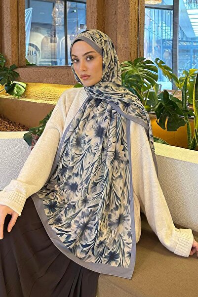 lamelif Daisy Flowers Pattern Soft Cotton Shawl Gray