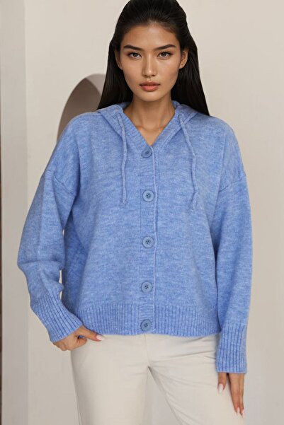 Trend Alaçatı Stili Kadın Mavi Kapüşonlu Triko Hırka Alc-X14743