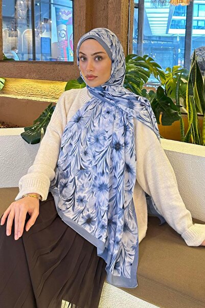 lamelif Daisy Flowers Pattern Soft Cotton Shawl Blue