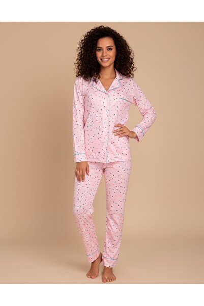 Miss Dünya Lissa Salmon Polka Dot Patterned Women's Shirt Collar Long Sleeve Pajama Set