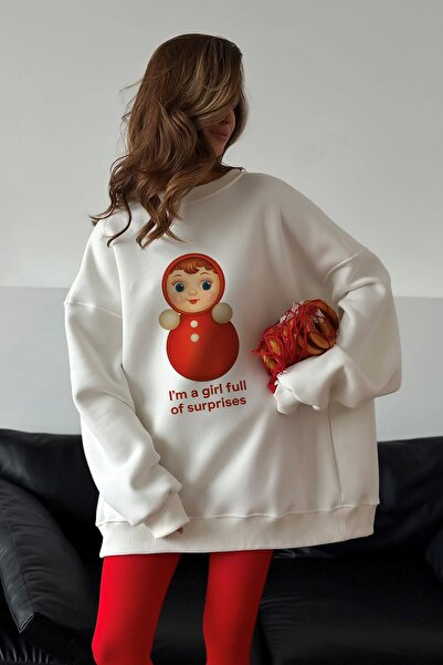 The Champ Clothing Women's Oversized Sweatshirt Dress Matryoshka Girl Printed White – Crew Neck, 3 Thread Fleece