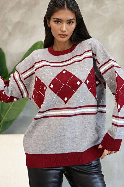 Trend Alaçatı Stili Women's Gray Crew Neck Diamond Pattern Knit Sweater Alc-X...