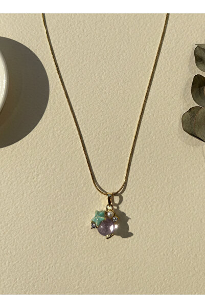 AURRARİ Altın Kaplama Yuvarlak ve Mavi Yıldız Taşlı Çelik Kolye