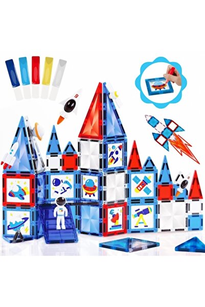 nuvora Set de construcție castel 3D cu plăci magnetice cu astronauți - 90 de piese colorate (STEM)