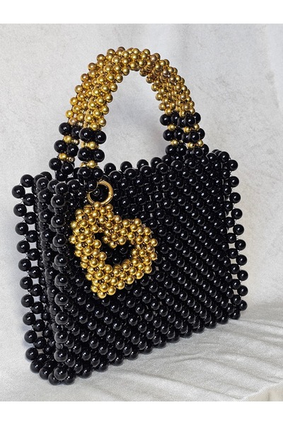 AGH Değerli Hediyeler Geantă cu mărgele cu design cu perle negre și mâner auriu