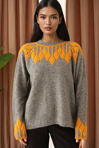 Trend Alaçatı Stili Women's Gray Collar and Cuffs Patterned Knitwear Sweater ...