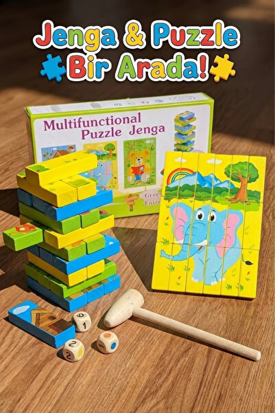 craftivio Eğitici Ahşap Resimli Jenga ve Puzzle Seti - Çekiçli Denge Kulesi Z...