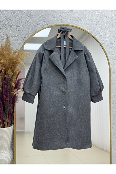 MİHRA STORE Basima Balloon Sleeve Lined Buttoned Cashmere Coat-Ek4114 Gray