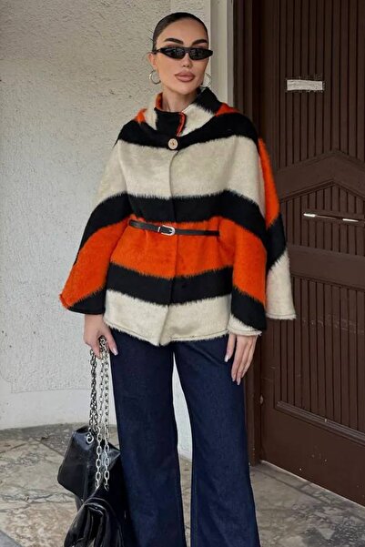 Trend Alaçatı Stili Women's Beige-Orange Belt Detailed Cashmere Cape Coat Alc-X14529