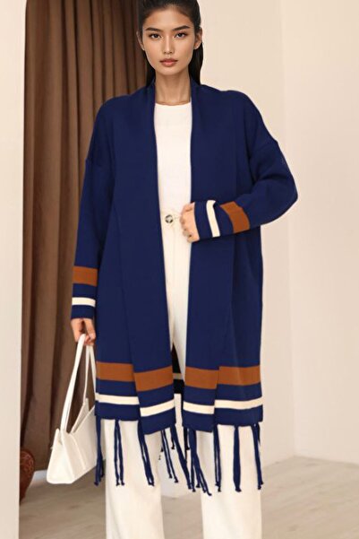 Trend Alaçatı Stili Women's navy blue Striped Detail tasseled long cardigan alc-x14745