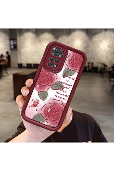 ucuc Xiaomi Redmi Note 11S Uyumlu Güzel Gül Desenli Bordo Silikon Darbe Korum...