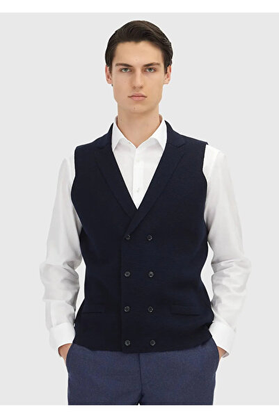 Ramsey Navy Blue Regular Fit Butterfly Collar Casual Knitted Sweater Vest