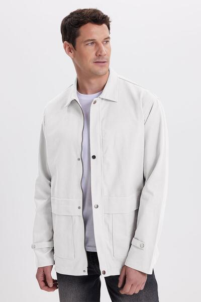 Tudors Men's relaxed fit comfortable cut 100% cotton double pocket zip-up ecru jacket shirt