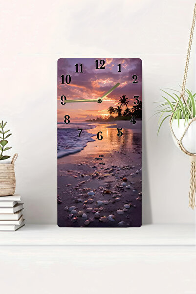kutuTR 3D-Looking Sunset and Palm Beach Themed 2D Uv Printing Mdf Painting Clock 20X40 Cm-Dts079