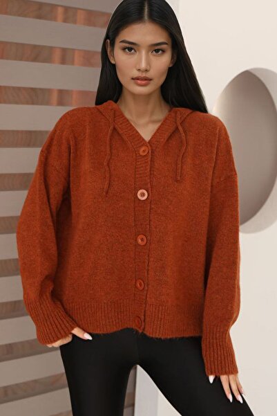 Trend Alaçatı Stili Kadın Tarçın Kapüşonlu Triko Hırka Alc-X14743