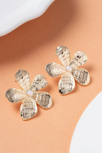 Elika Silver Kadın İncili Lotus Çiçeği Model Gold Küpe