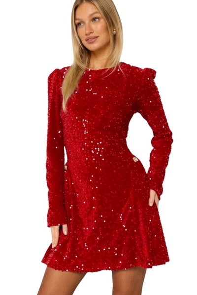 FashionForYou ORYA short flared dress with sequins and zipper, Red, Size S/M