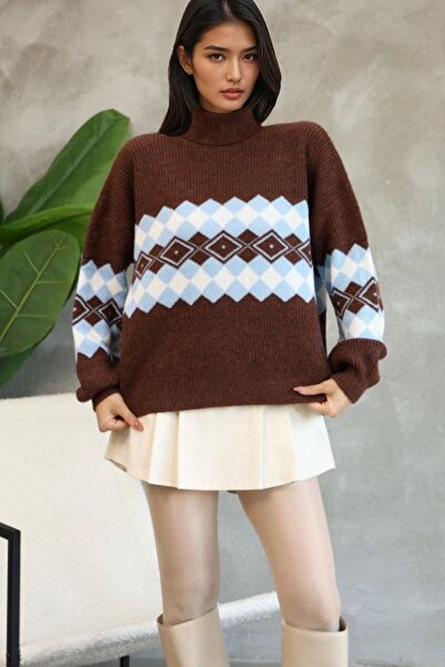 Trend Alaçatı Stili Γυναικείο πλεκτό πουλόβερ με καφέ ζιβάγκο με μοτίβο μπακλ...