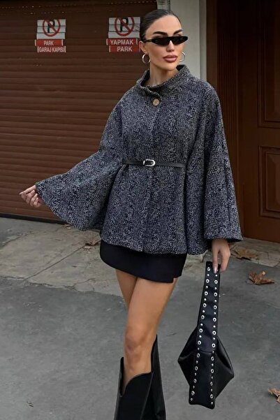 Trend Alaçatı Stili Women's Anthracite Belt Detailed Cashmere Cape Coat Alc-X14529
