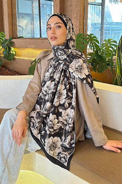 lamelif Lotus Desen Bambu Şal Siyah Vizon