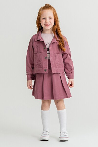 Cansın Mini Purple Daisy Embroidered Jacket Girl's Jean Jacket 3-Piece Set 23432