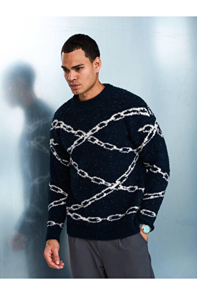 Chirkef Unisex Siyah Oversize Zincir Desenli Triko Kazak KZ