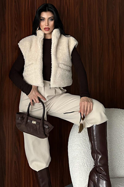 Trend Alaçatı Stili Vestă crop de pluș cu guler ridicat buzunare duble pentru...