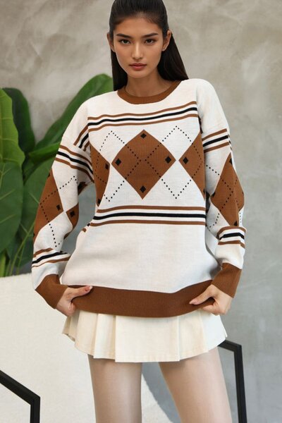 Trend Alaçatı Stili Women's Ecru Crew Neck Diamond Pattern Knit Sweater Alc-X...