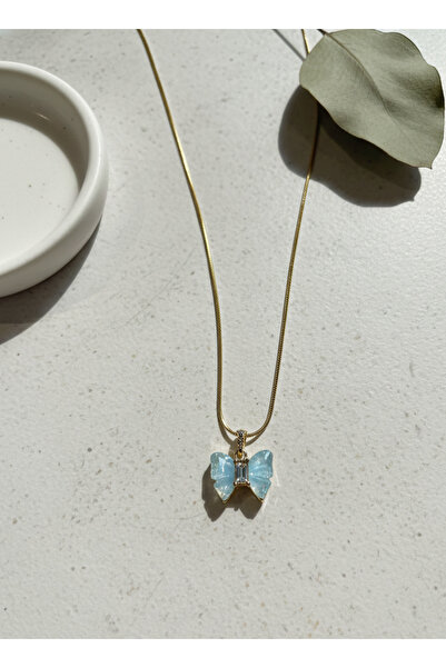 AURRARİ Altın Kaplama Mavi Kelebek ve Baget Zirkon Taşlı Çelik Kolye