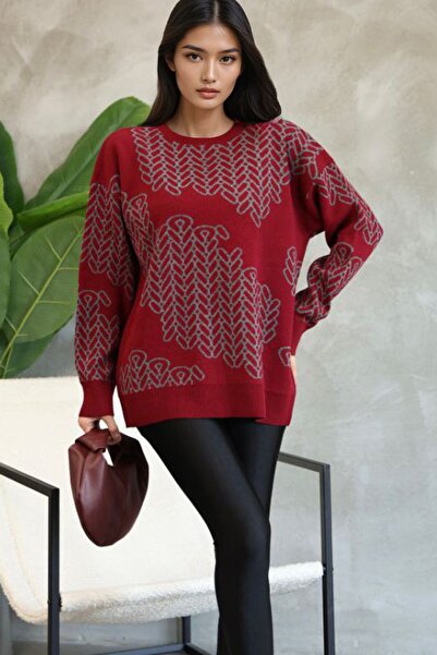 Trend Alaçatı Stili Pulover de tricotat cu model pentru femei Burgundy guler ...