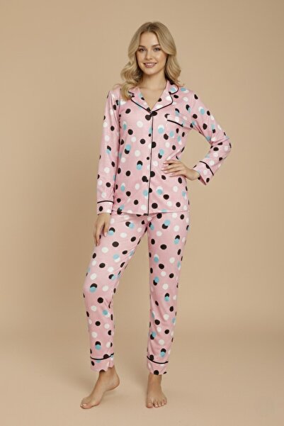Miss Dünya Lissa Pink Bing Bang Patterned Women's Shirt Collar Long Sleeve Pajama Set