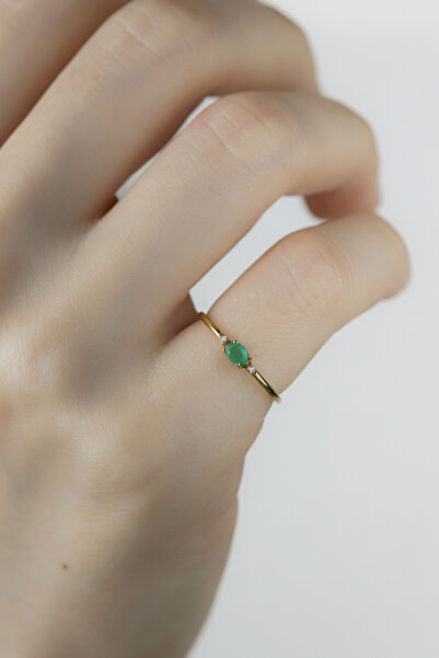 Coy Diamond Vintage Yüzük,Zümrüt ve Pırlanta Minimal Yüzük,14 Ayar Altın Tasa...