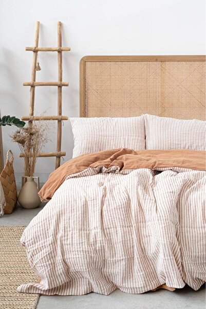 Barine Striped Serenity Striped Linen Blend Duvet Cover Caramel