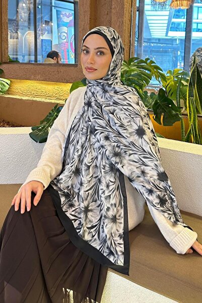 lamelif Daisy Flowers Pattern Soft Cotton Shawl Black White