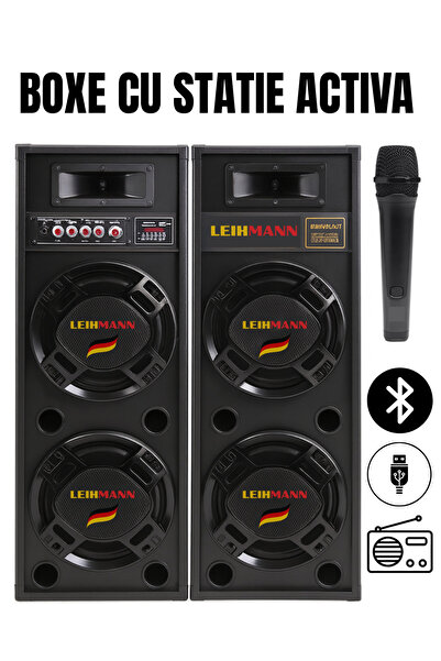 LEIHMANN Professional Active Speaker System with Bluetooth, USB, SD Card, Radio, Free Microphone