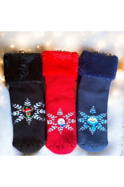 CNBYs Noel / Christmas Desenli Kürklü 3’lü Kaliteli Kadın Çorap Seti – Yılbaşı Hediye Seçeneği