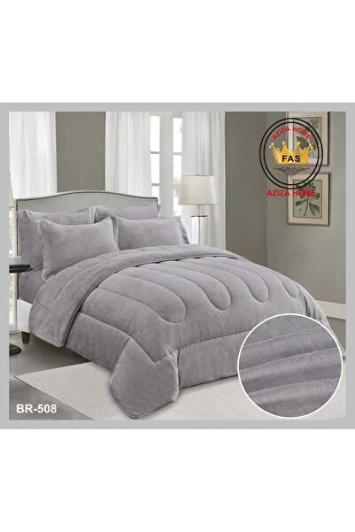 FABRIC A 6-piece velvet double bed quilt set in an elegant gray color with so...
