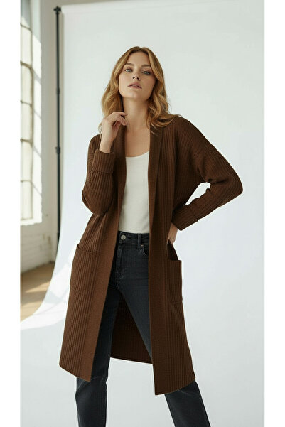 Wearified Kadın Şal Yaka Oversize Uzun Triko Hırka