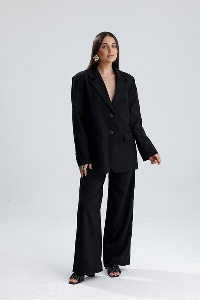 VELİZADE Kadın Siyah Oversize Kruvaze Blazer Ceket Cep Detaylı Astarlı Vatkalı