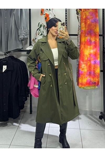 inci bayan giyim KADIN Trençkot Midi Boy Kruvaze Yaka Düğmeli Cepli Kuşaklı