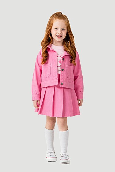 Cansın Mini Pink Daisy Embroidered Jacket Girl's Jean Jacket 3-Piece Set 23431