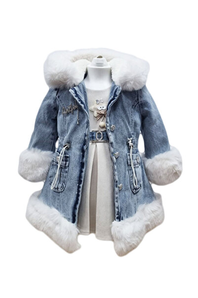 fantasialand Palton si rochita fetite elegante, model Luxury, denim albastru