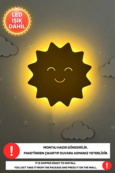 Dekorvin 1 Adet Gülen Güneş Led Işık Gece Lambası Bebek Çocuk Odası Duvar Dekorasyon Aydınlatma Ahşap Lamba