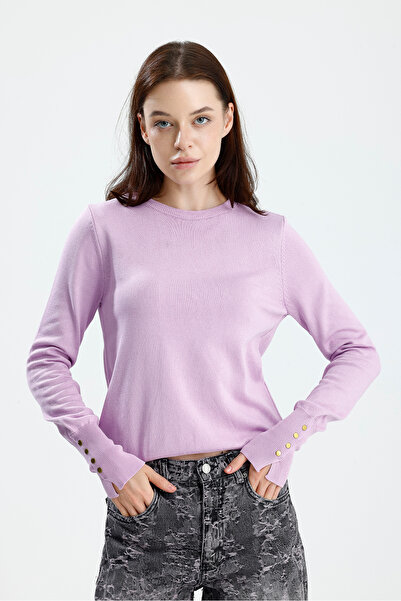 Figo Cuff Buttoned Crew Neck Long Sleeve Women's Sweater