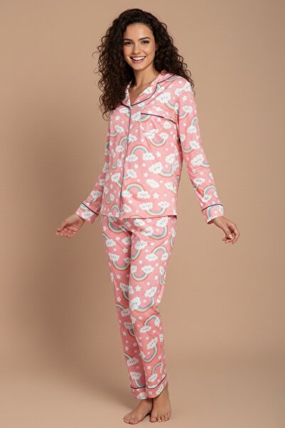 Miss Dünya Lissa Pink Rainbow Patterned Women's Shirt Collar Long Sleeve Pajama Set