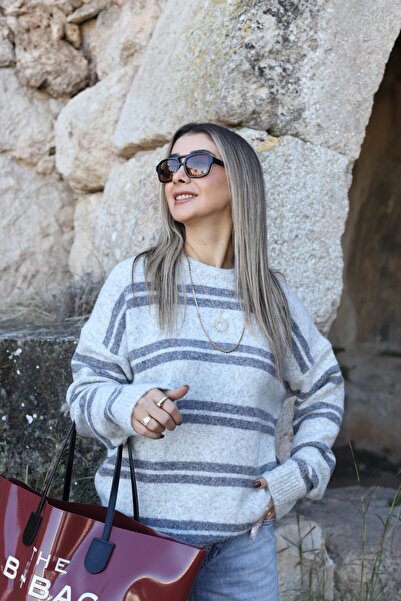 bytugcekaya Gray Standard Size Crew Neck Striped Sweater