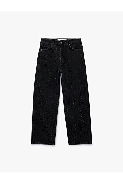 Koton Düğmeli Normal Bel Cepli Düz Paça Taşlı Jean Pantolon - Straight Jeans