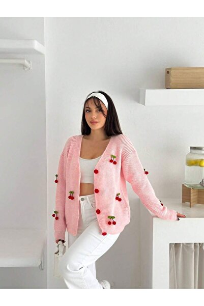 NEWLAKER Kadın V Yakalı Kiraz Dikiş Detaylı Triko Hırka